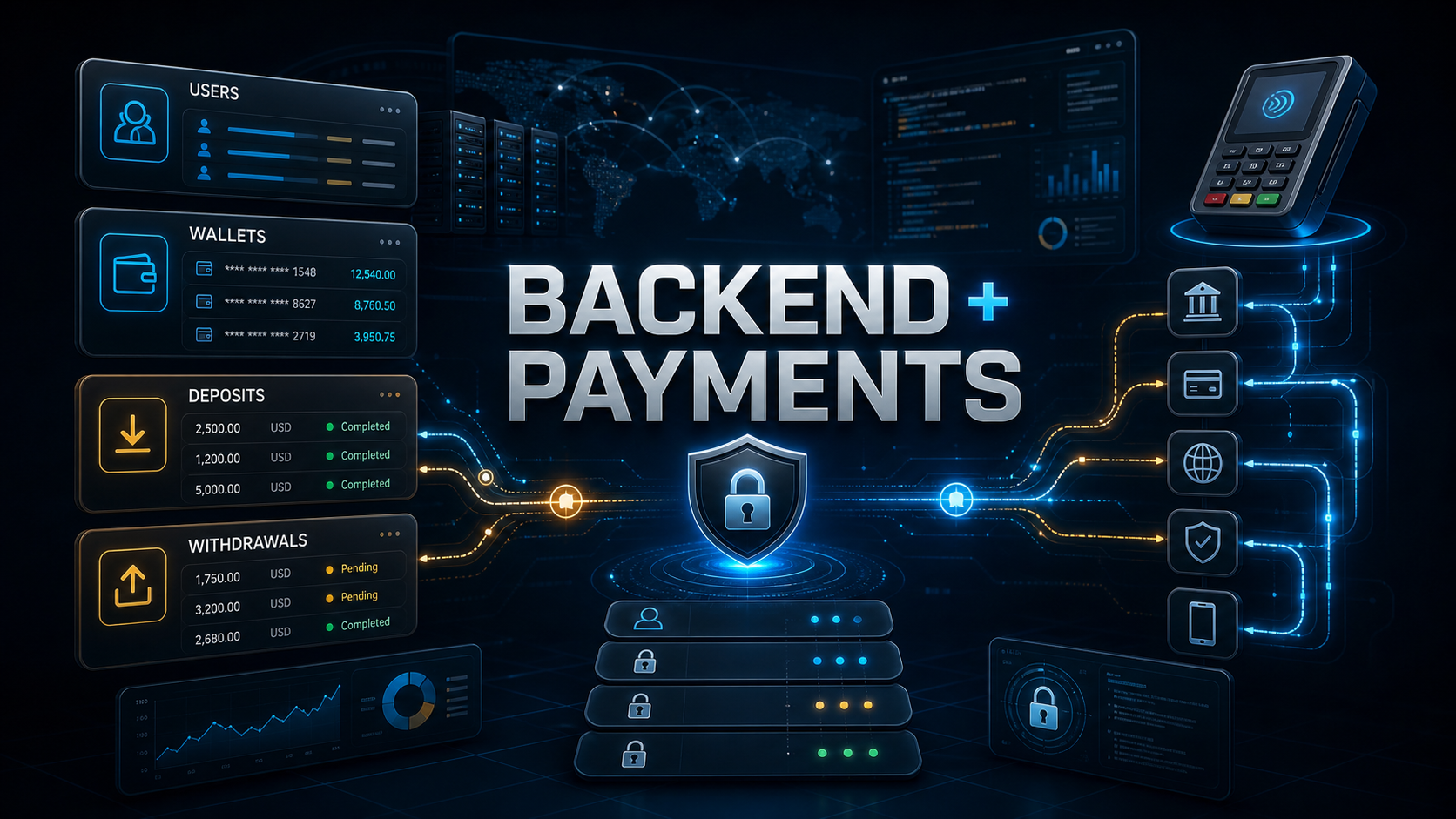 Backend and payment infrastructure visual with users wallets deposits and withdrawals