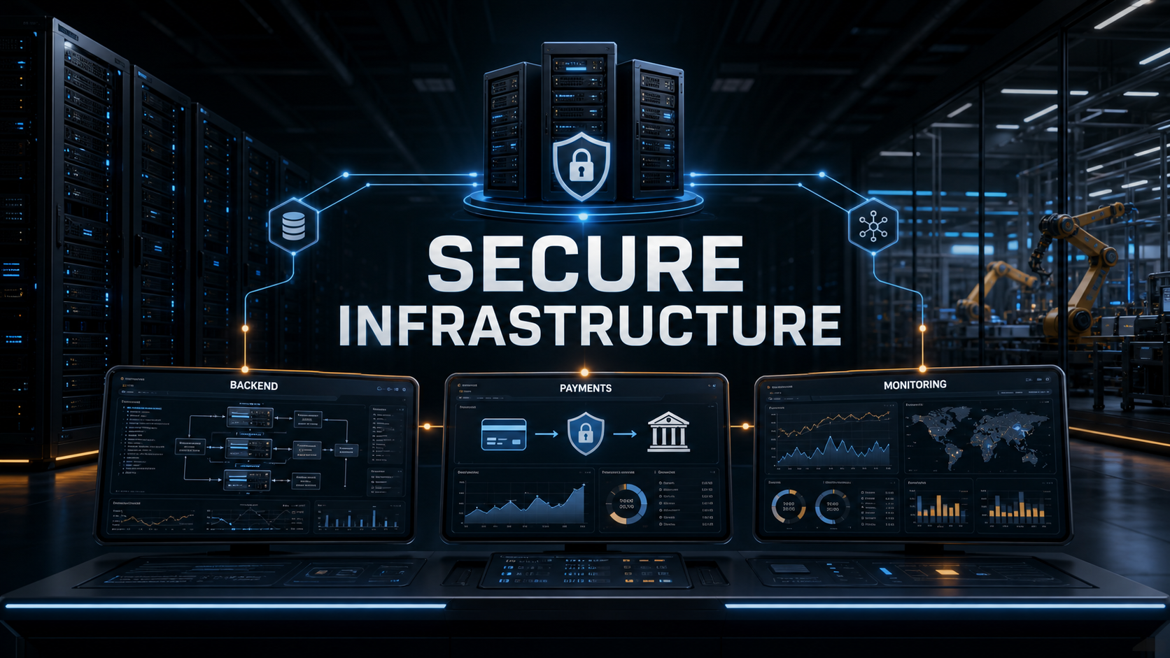 Secure infrastructure dashboard with backend, payments and monitoring panels